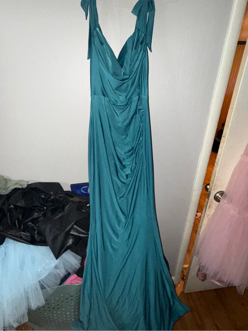 Teal Draped Spaghetti-Strap Evening Dress
